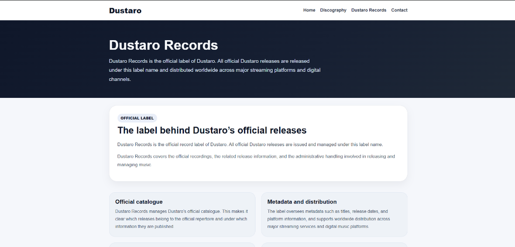 Informatiepagina van Dustaro Records met uitleg over catalogue management, metadata en distributie.