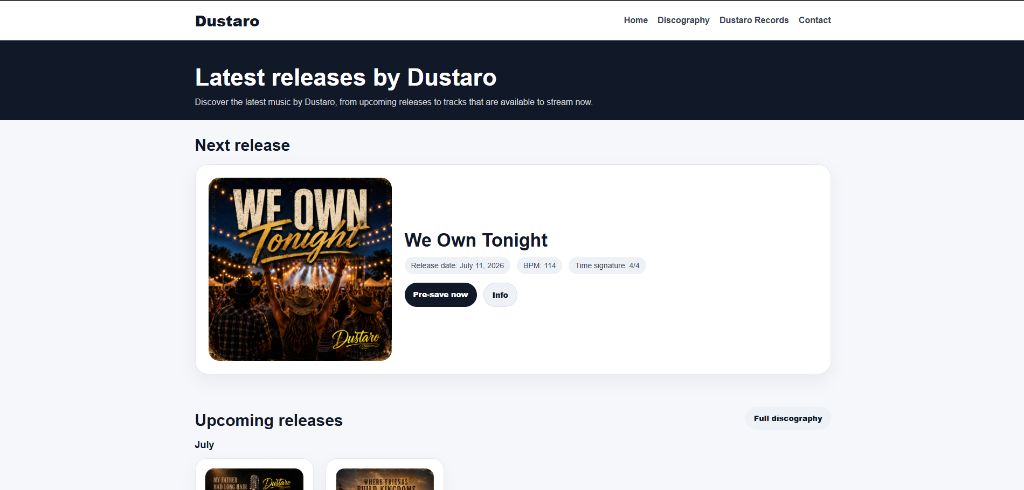 Publieke Dustaro-website met uitgelichte volgende release, albumcover en aankomende releases.